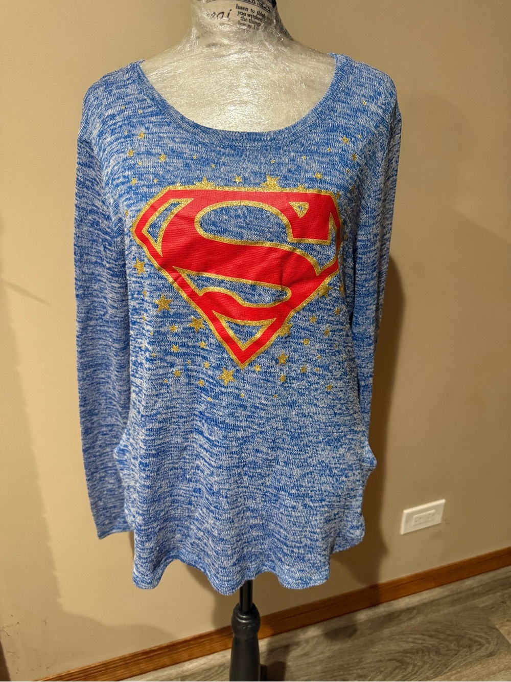 DC Comics Blue Marled Superman Logo Long Sleeve Top